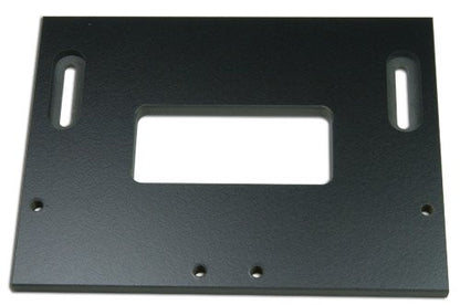 Black door hinge template with multiple pre-drilled holes for mounting on a wood fence, designed for cutting hinge mortises.