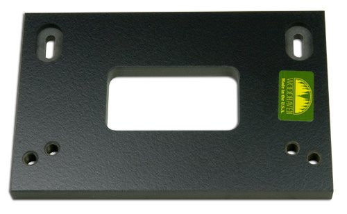 A black phenolic lockset template with a rectangular cutout in the center, used for routing hinge, strike plate, and lockset mortises in woodwork.