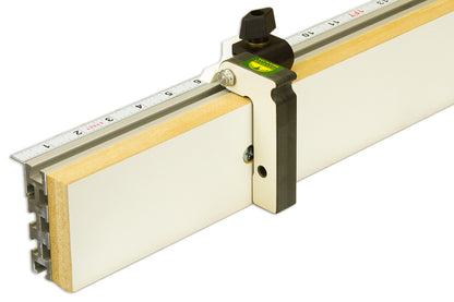 A close-up of a 3-inch straight flip stop attached to a track, with a black stop arm and silver-colored track.