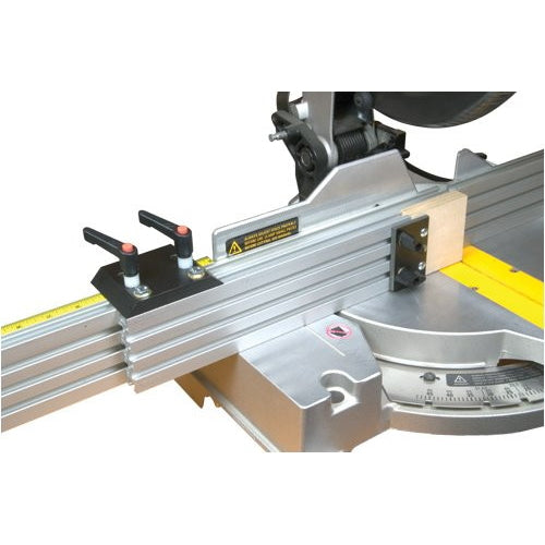 An attachment for a miter saw fence, featuring a metallic finish with tracks and ratchet handles, designed to extend the saw's stop arm for precision cutting.