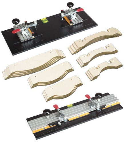 A set of woodworking jigs and templates, including arched door jigs and a router template, primarily in black, beige, and red colors.