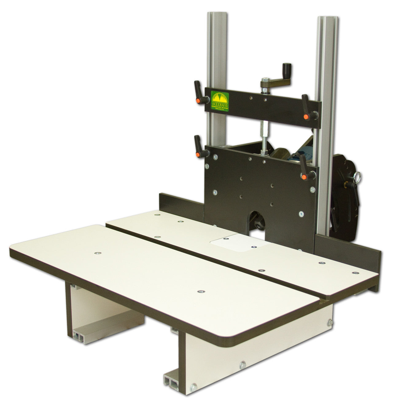 A horizontal router table designed for woodworking and routing. The table has a solid phenolic top and sides, with a bit opening in the center.
