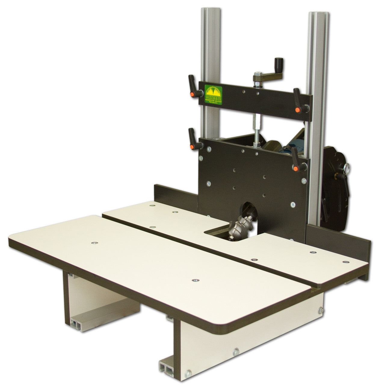 A horizontal router table designed for woodworking and routing. The table has a solid phenolic top and sides, with a bit opening in the center.