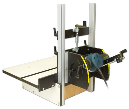 A horizontal router table designed for woodworking and routing. The table has a solid phenolic top and sides, with a bit opening in the center.