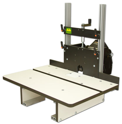 A horizontal router table. The table is equipped with a bit opening and height adjuster, without a router attached.