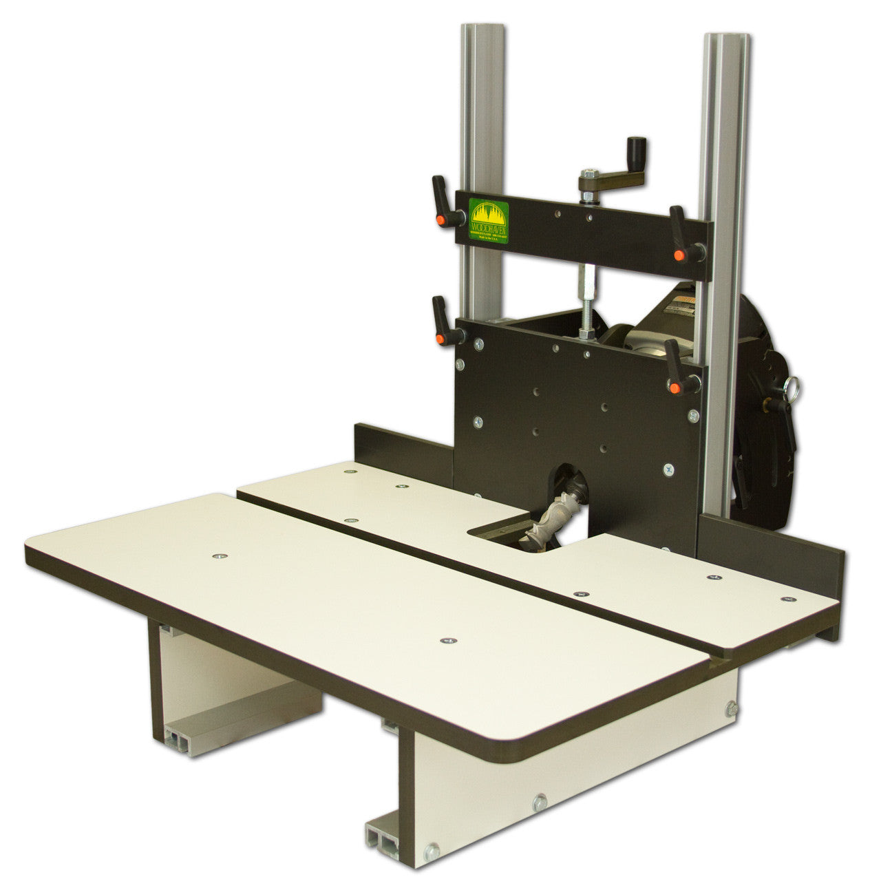 A horizontal router table. The table is equipped with a bit opening and height adjuster, without a router attached.