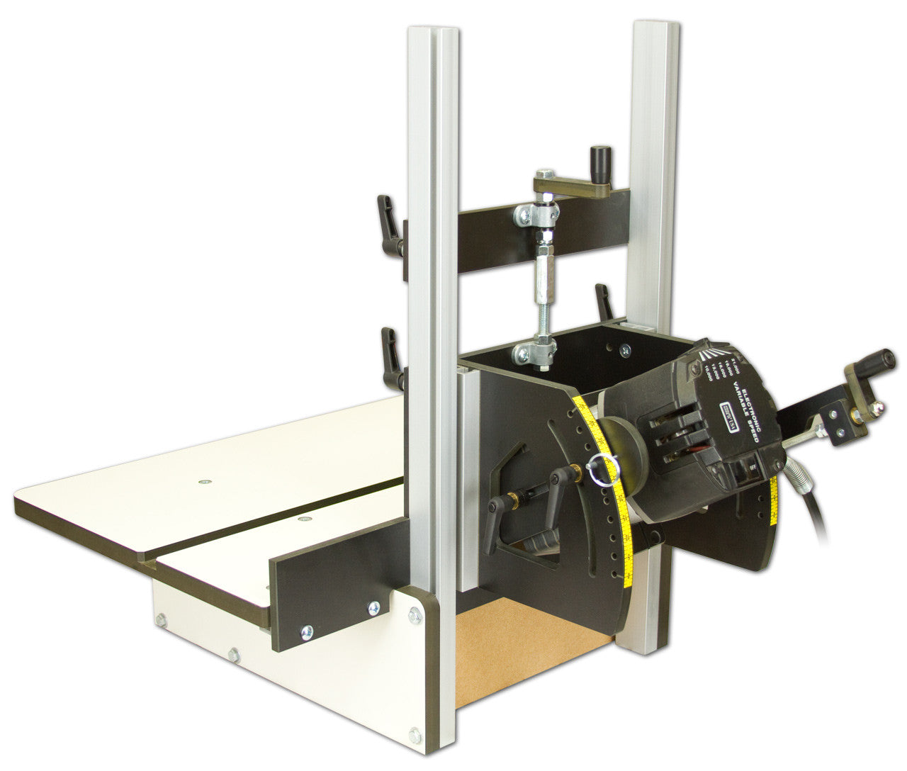 Back view of a A horizontal router table. The table is equipped with a bit opening and height adjuster.