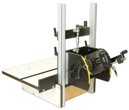 Back view of a A horizontal router table. The table is equipped with a bit opening and height adjuster.