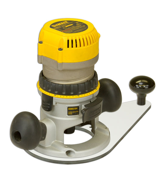 Hand held offset router plate with a handle and mounting screws, primarily for full size routers, displayed alongside a router for scale.