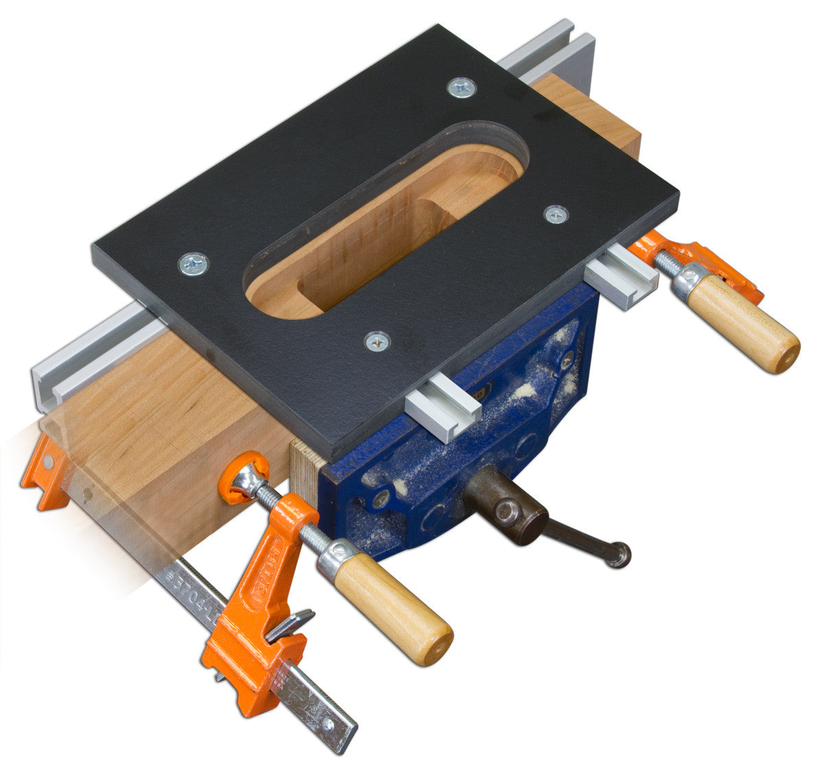 SOSS hinge template jig showing router guide bushing alignment